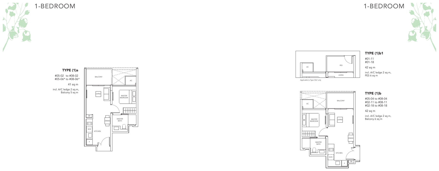 1-Bedroom · Types (1)a, (1)b · 441 to 452 sqft