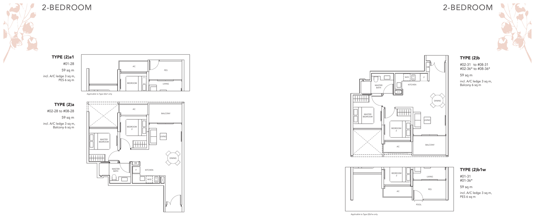 2-Bedroom · Types (2)a, (2)b · 635 sqft