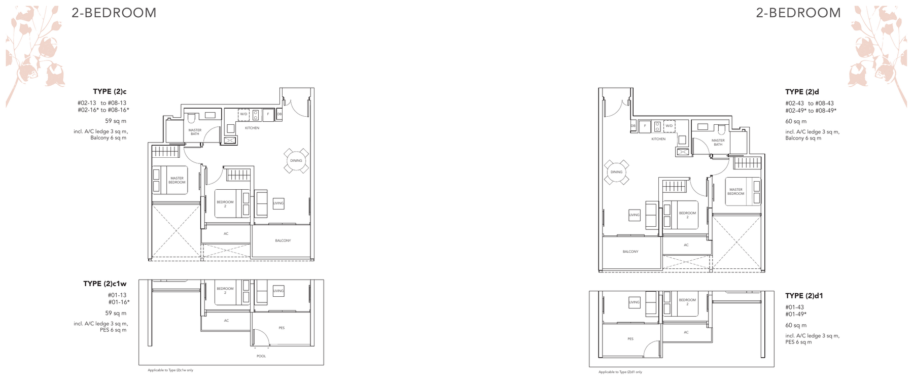 2-Bedroom · Types (2)c, (2)d · 635 to 646 sqft
